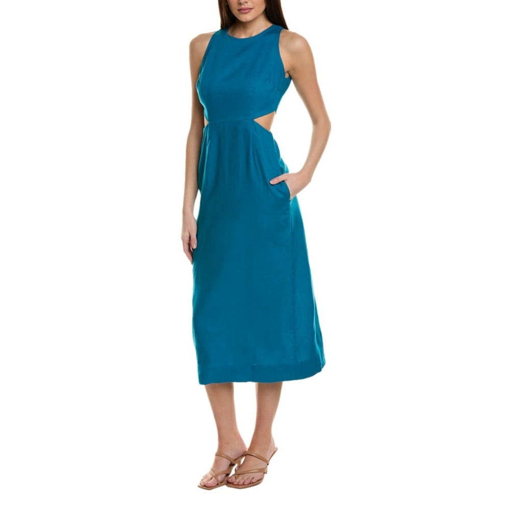 Boden 100% Cotton Teal Cut Out Midi Dress Zipper Back Size 12 Petite